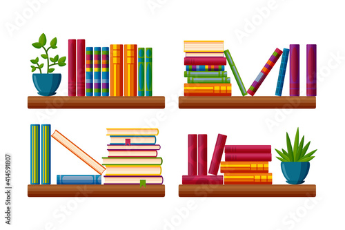 Shelf with book piles and plants. Collection of classroom books and a potted plants in cartoon style. Vector illustration isolated on white background