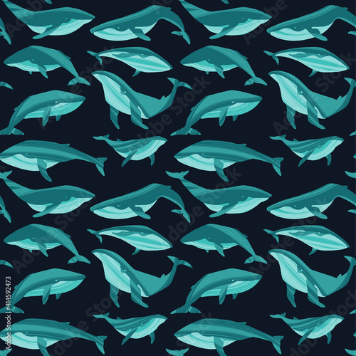 Repeated texture with hand drawn marine mammals: blue whale, white whale and sperm whale.