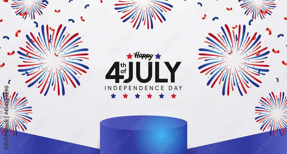 4th july american independence day with colorful red, blue, white firework with podium pedestal product display for promotion poster banner template - obrazy, fototapety, plakaty 