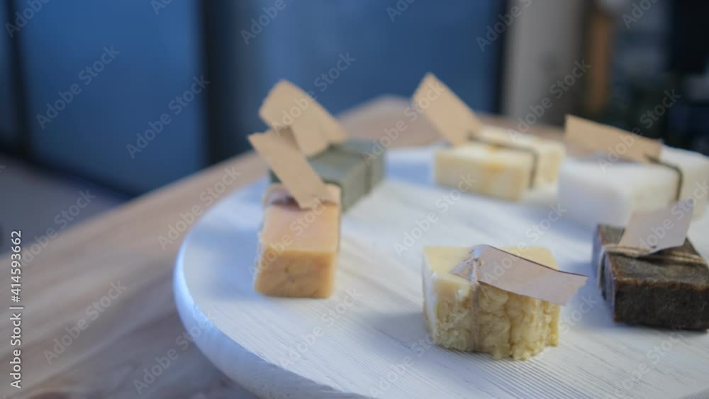 Handmade Spa Soap. Organic soap making. To spin in a circle on demonstrationem stand. Selective soft focus. Handmade Spa Soap. Organic soap making. To spin in a circle on demonstrationem stand. Selective soft focus.
