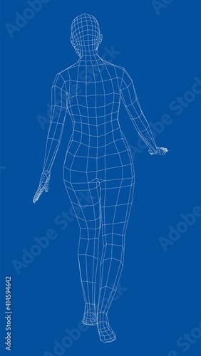 Wireframe walking woman. Vector