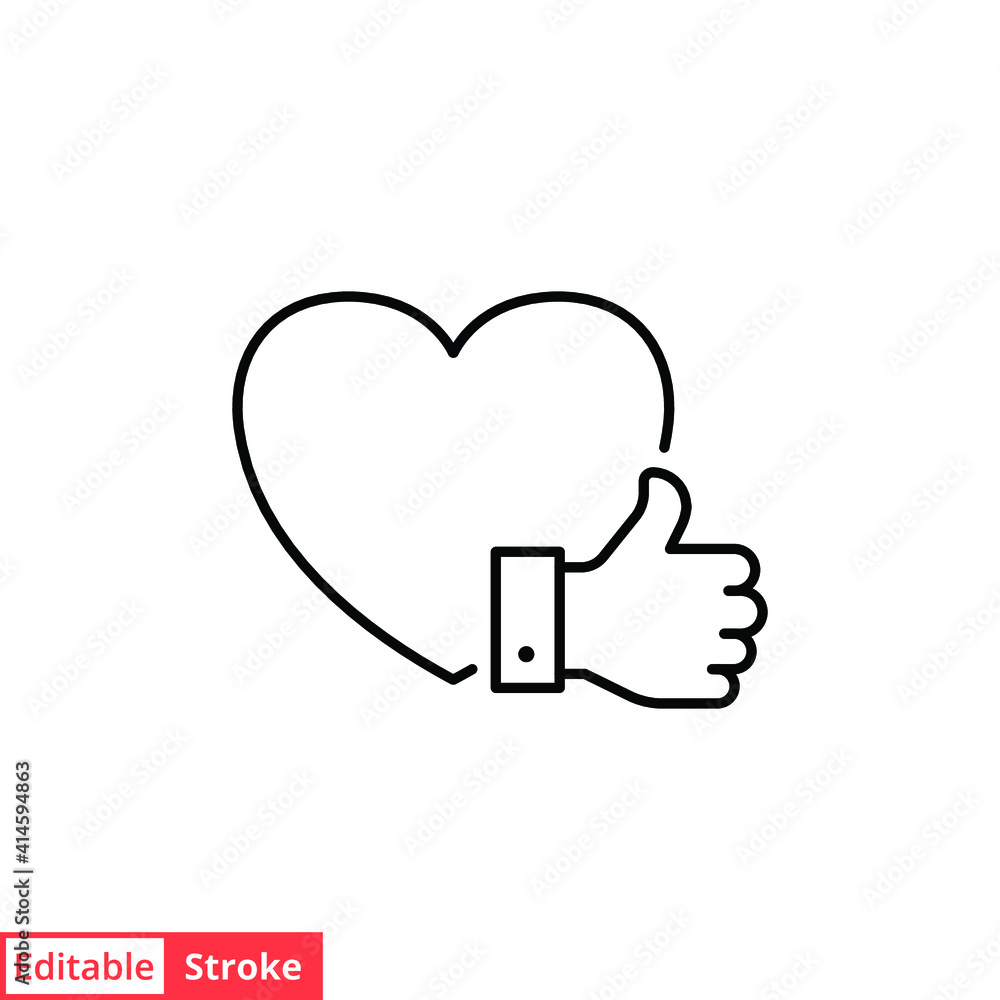 Heart and hand thumb up line icon. Like, favourite, love, and testimonials concept. Simple outline style. Vector illustration isolated on white background. Editable stroke EPS 10.