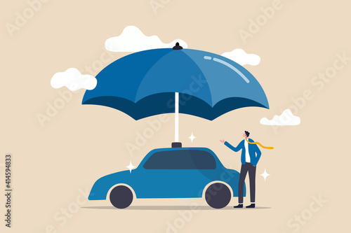 Car insurance, accident protection for vehicle, safety or assurance service concept, businessman car owner or insurance agent stand with new car under strong umbrella protection shield.