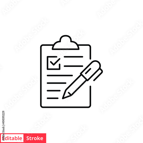 Clipboard checklist with pen line icon. Testimonials and customer relationship management concept. Simple outline style. Vector illustration isolated on white background. Editable stroke EPS 10. 