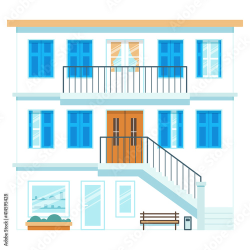 Three floored house with balcony and staircase in flat style. Windows have blue shutters. Vector colorful illustration isolated on white background.