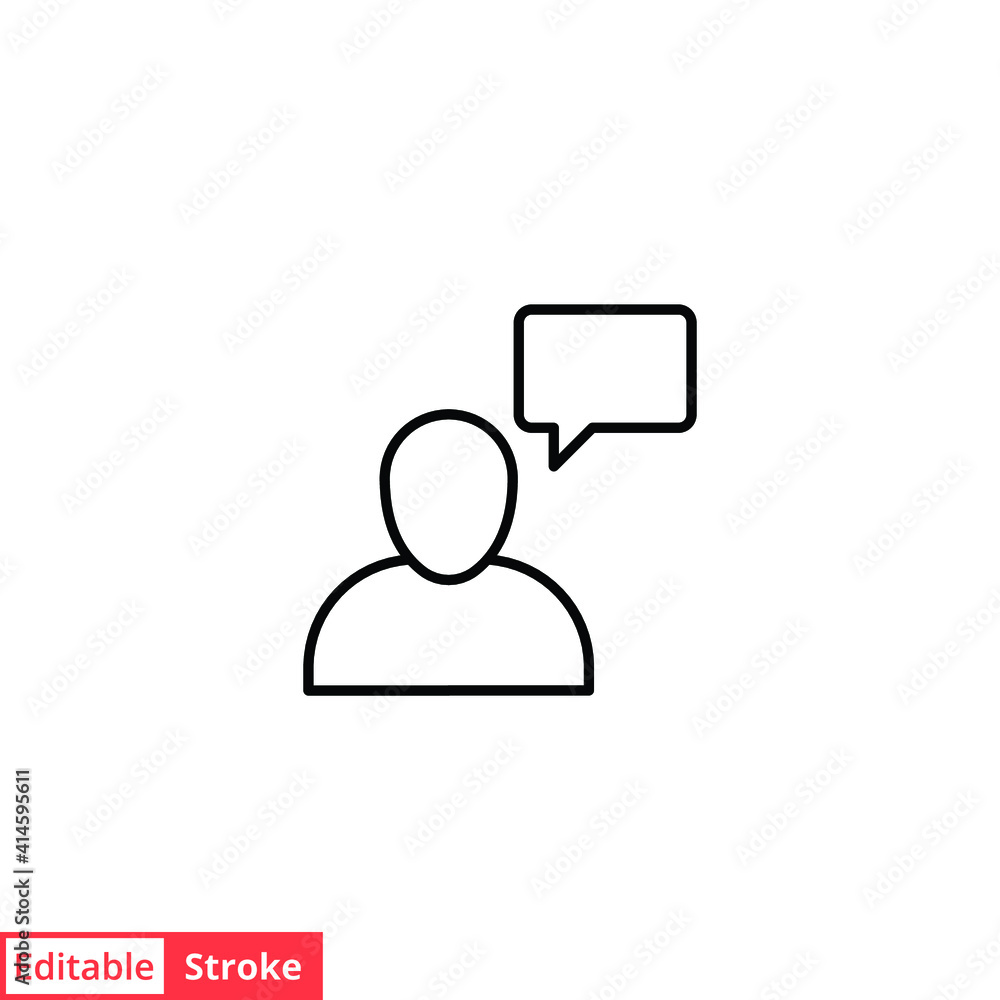 Man with bubble speech line icon. Testimonials and customer relationship management concept. Simple outline style. Vector illustration isolated on white background. Editable stroke EPS 10. Man with bubble speech line icon. Testimonials and customer relationship management concept. Simple outline style. Vector illustration isolated on white background. Editable stroke EPS 10.