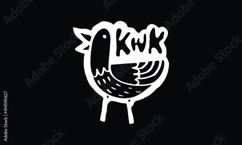 chicken laugh logo in white outline design on black background. animated cartoon illustration in doodle drawing style. funny animal design vector.