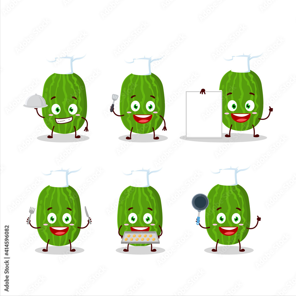 Cartoon character of cucamelon with various chef emoticons Cartoon character of cucamelon with various chef emoticons