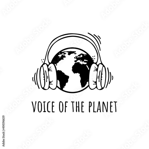 Earth, planet, globe in headphon. Listen, news, music from all over the world. Vector doodle illustration, sketch. photo