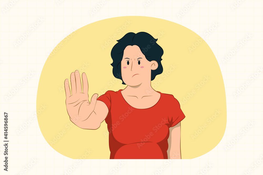 Displeased young woman showing stop gesture with palm concept Displeased young woman showing stop gesture with palm concept