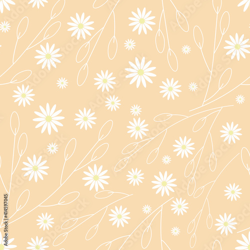 Seamless floral pattern. White chamomile or daisies on a beige background. Endless patterns for textiles and fabrics, wrapping paper, packaging. Vector image. Flat style