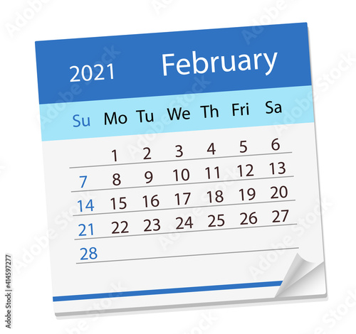 Calendar sheet on month of February 2021. Vector Illustration. The week starts on Sunday. in English language.