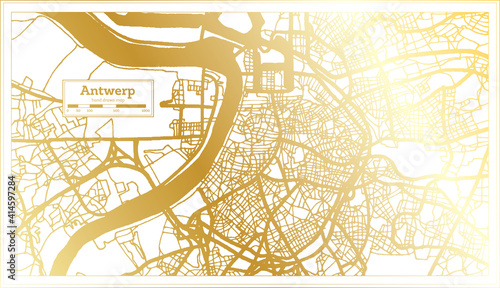 Antwerp Belgium City Map in Retro Style in Golden Color. Outline Map.