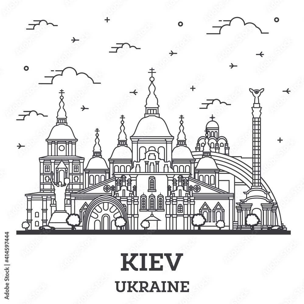 Outline Kiev Ukraine City Skyline with Historic Buildings Isolated on White.