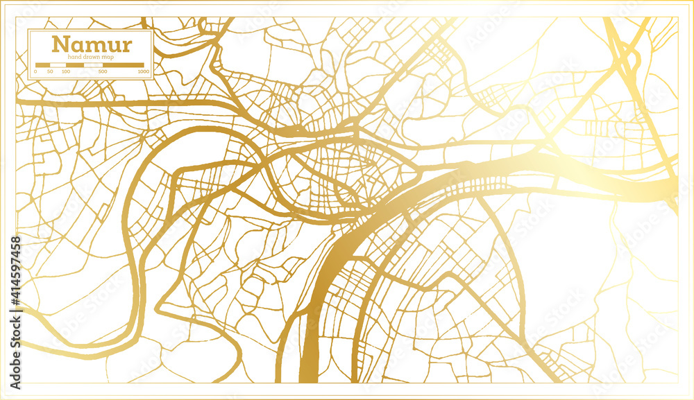 Namur Belgium City Map in Retro Style in Golden Color. Outline Map.