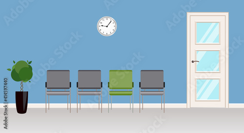 Clinic reception area with gray chairs in front of the door. Blue Doctor office. Contemporary waiting room with plant and clock on wall. Vector illustration in flat style.