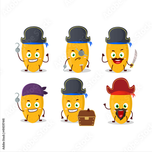 Cartoon character of curuba fruit with various pirates emoticons
