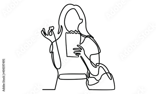 Continue line of cute girl eating popcorn