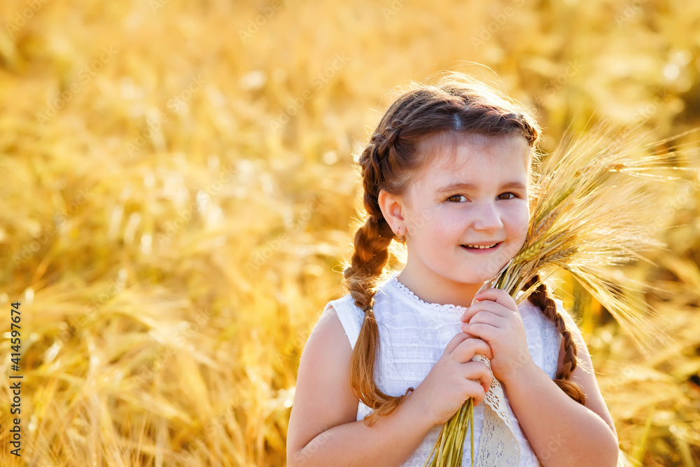 A happy girl in a white sundress stands on a field of ripe wheat in the rays of the setting sun. Wheat ear. Ears of rye. Selective focus. Setting sun. Walking through a field of rye. A happy girl in a white sundress stands on a field of ripe wheat in the rays of the setting sun. Wheat ear. Ears of rye. Selective focus. Setting sun. Walking through a field of rye.
