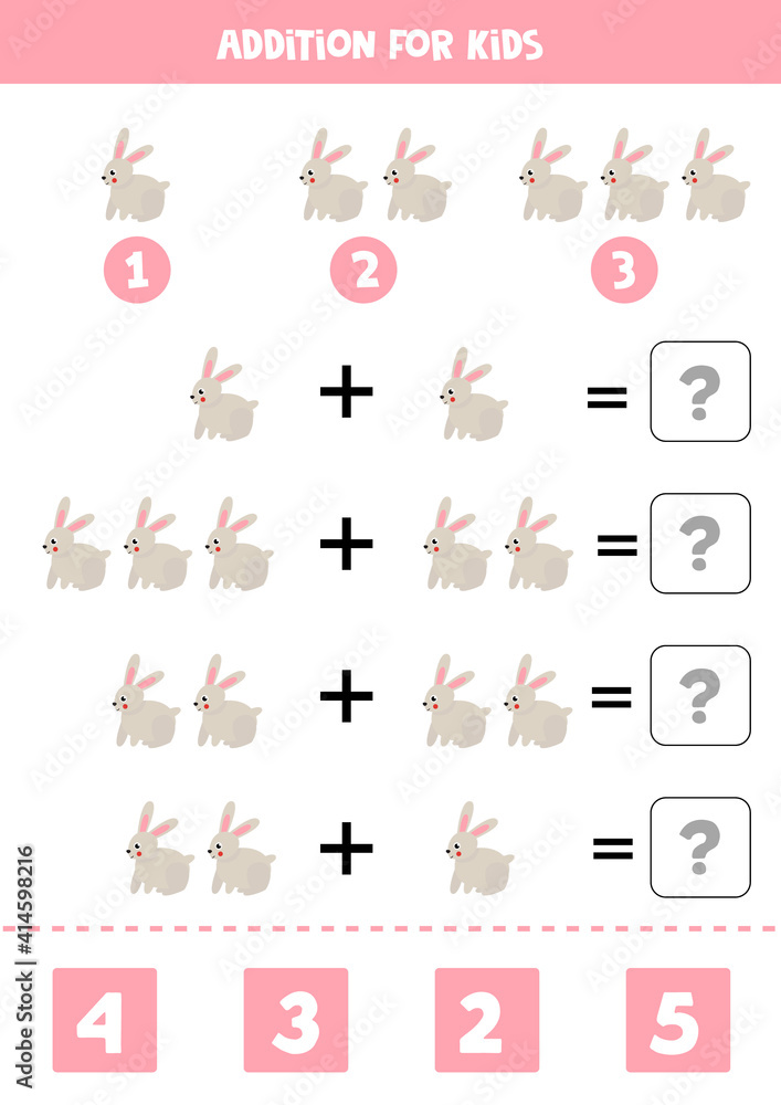 Addition worksheet with cute rabbit. Math game.