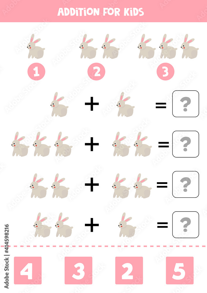 Addition worksheet with cute rabbit. Math game. Addition worksheet with cute rabbit. Math game.