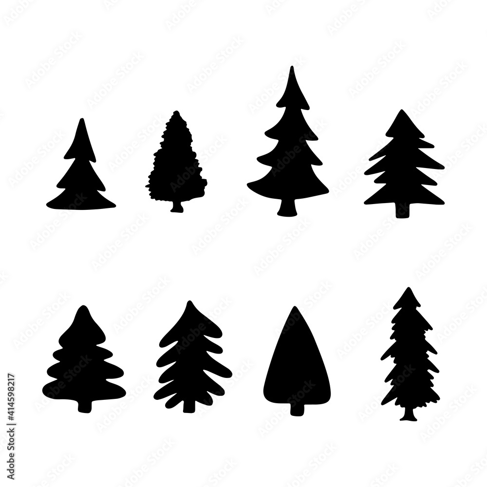 Fototapeta premium Isolated Pine on the white background.Pine silhouettes. Tree hand drawn.Vector EPS 10.