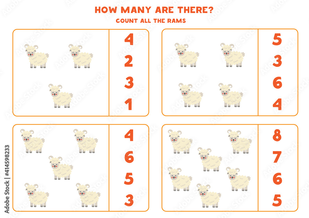 Counting game with cartoon ram. Math worksheet. Counting game with cartoon ram. Math worksheet.