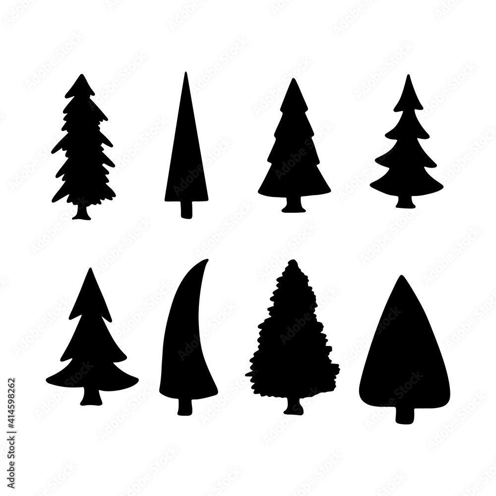 Obraz premium Isolated Pine on the white background.Pine silhouettes. Tree hand drawn.Vector EPS 10.