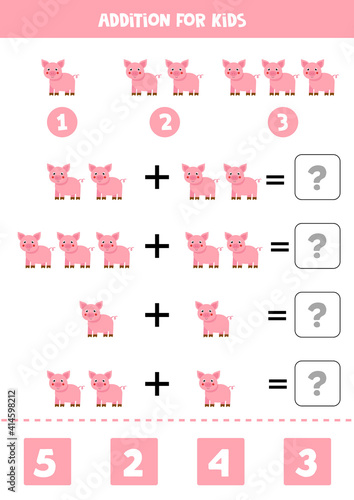 Fototapeta Naklejka Na Ścianę i Meble -  Addition worksheet with cute farm pig. Math game.