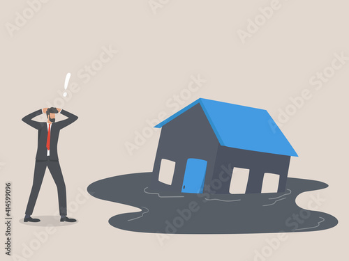 House sinking, Real estate property market crash or recession concept.