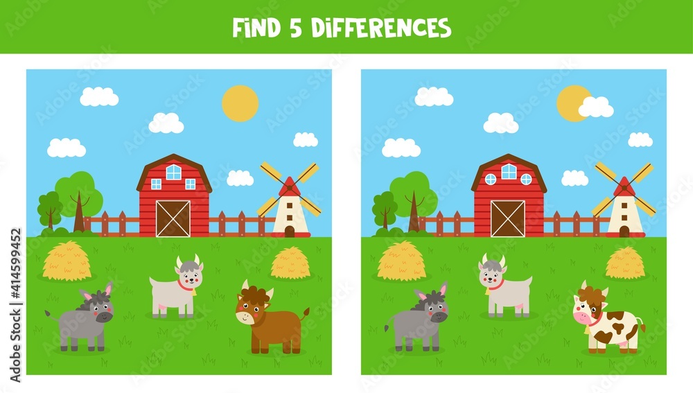 Find 5 differences between farm pictures. Game for kids. Find 5 differences between farm pictures. Game for kids.