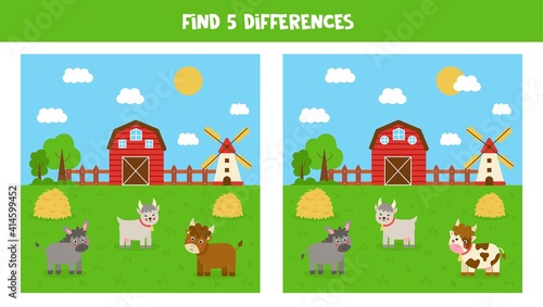 Find 5 differences between farm pictures. Game for kids.