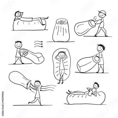 Lamzac. Outdoor inflatable bed. Air Sofa. Manual. Cheerful boy fills sofa with air