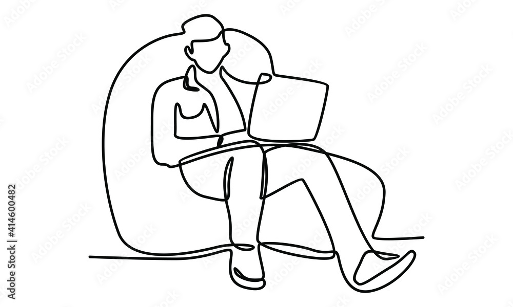 Continue line of man sitting with laptop computer