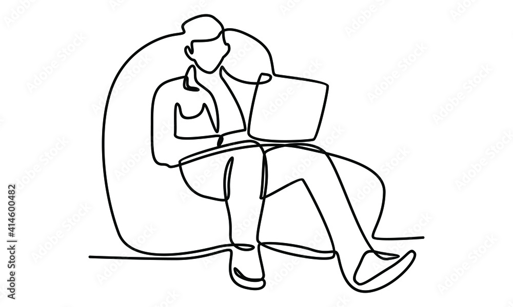 Continue line of man sitting with laptop computer Continue line of man sitting with laptop computer