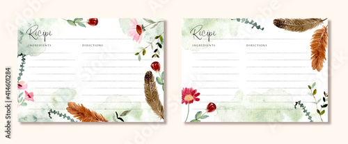 recipe card with rustic floral and feather watercolor