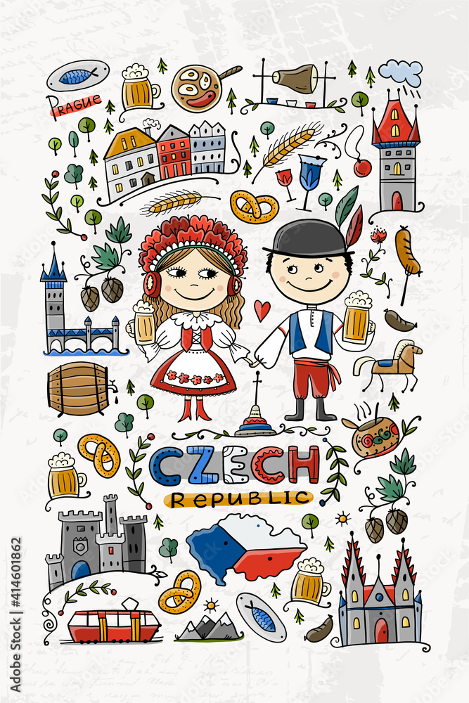 Fototapeta premium Czech Republic. Travel illustration with Czech landmarks, people and food