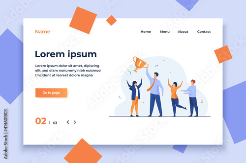 Teamwork and team success concept. Best employees winning cup, celebrating victory. Flat vector illustration for leadership and career achievement topics