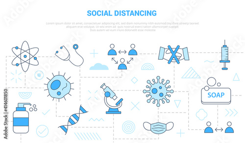 social distancing concept with icon set template banner with modern blue color style