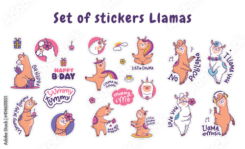 The set of happy llamas alpaca for stickers, t-shirt designs.
