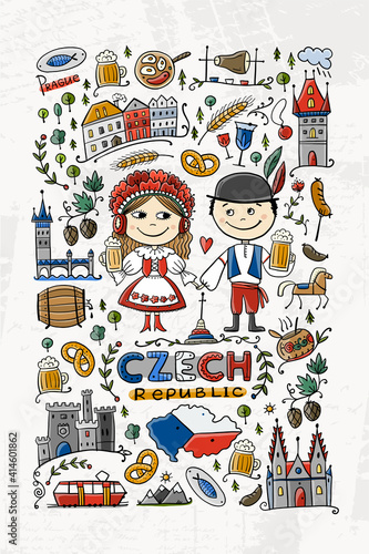 Czech Republic. Travel illustration with Czech landmarks, people and food