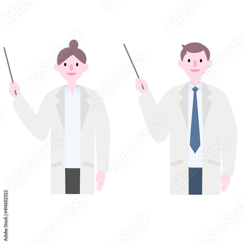 説明する白衣を着た人イラスト素材