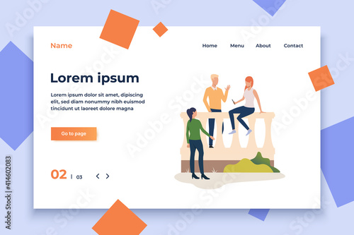 People sitting and standing at park parapet and chatting. Recreation, vacation, leisure concept. Vector illustration can be used for topics like lifestyle, tourism, holiday