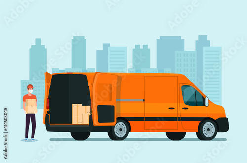 Worker in a medical mask loads boxes in a cargo van. Vector illustration.
