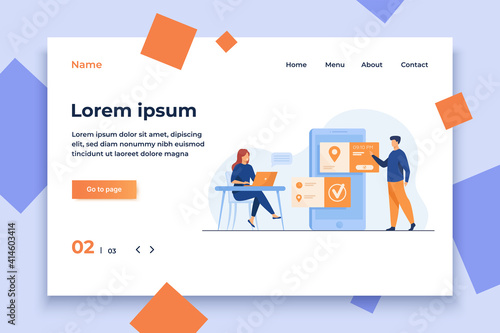 People using online appointment and booking app. Mean and woman planning meeting, setting date in mobile interface. Vector illustration for business, internet technology concept