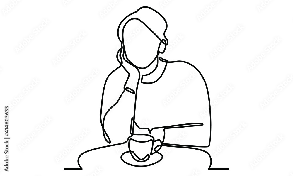 Continue line of woman sitting relax with a cup of tea