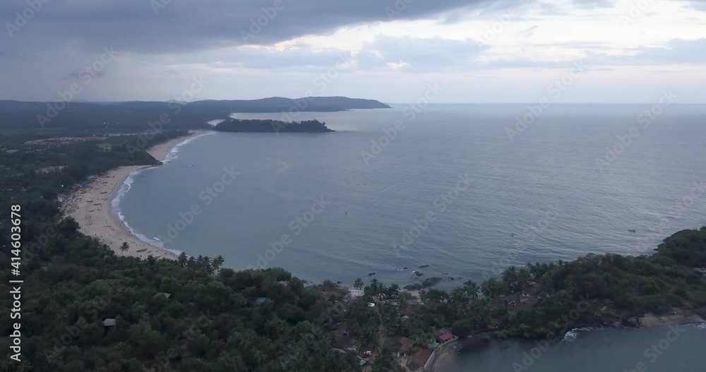 Panoramic View Of Rajbagh Beach In Canacona, South Goa, India On A Cloudy Day - aerial drone shot Panoramic View Of Rajbagh Beach In Canacona, South Goa, India On A Cloudy Day - aerial drone shot