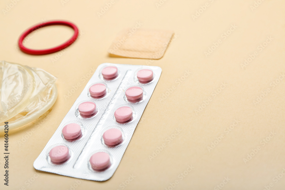 Different contraceptives on color background Different contraceptives on color background