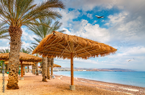 Fototapeta Naklejka Na Ścianę i Meble -  Morning at central public beach in Eilat – famous tourist resort and recreational city in Israel, Middle East