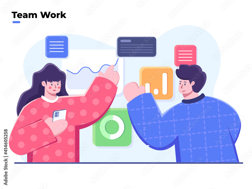 People working together in the office, Flat illustration of teamwork business, Work together with team to make business strategy, Project management and financial report strategy, Collaborative team. People working together in the office, Flat illustration of teamwork business, Work together with team to make business strategy, Project management and financial report strategy, Collaborative team.